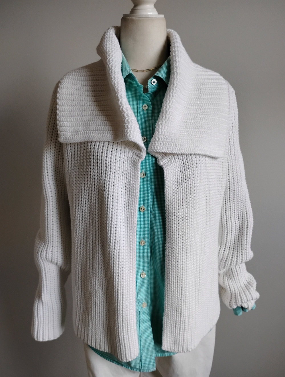 Talbots Cotton Chunky Knit Shawl Collar Cardigan Sweater White Coastal Size Med